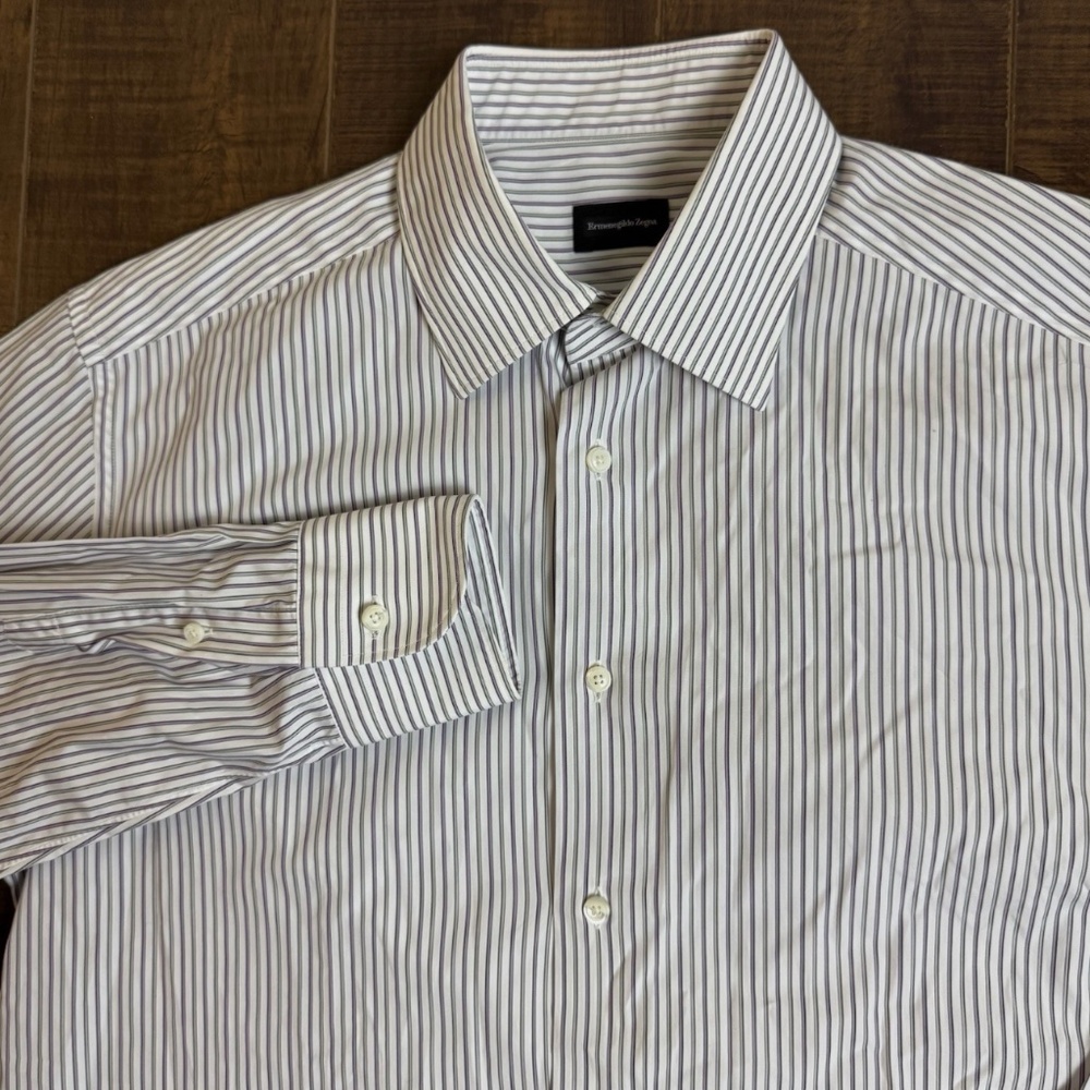 Ermenegildo Zegna Mens Dress Shirt 16.5 42L Gray Purple Stripes On White - Pict